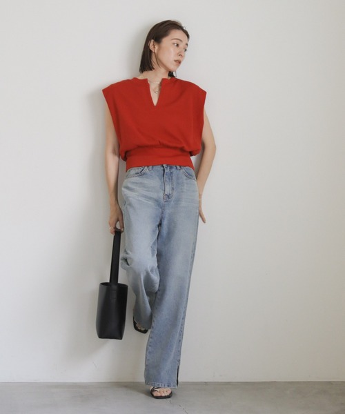 select MOCA（セレクトモカ）の「ワッフルフレンチスリーブトップス（Tシャツ/カットソー・レディース・オレンジ/アイボリー/ブラック/ネイビー/グリーン/ブラウン/グレイッシュブルー・FREE）」の14枚目の写真