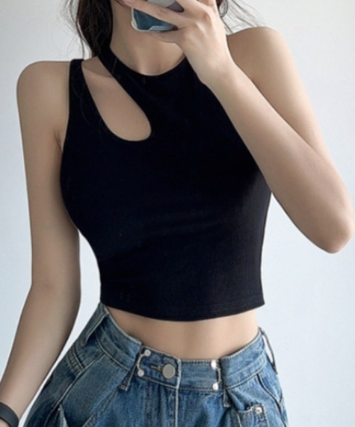 タンクトップ、カットソー セール】変形肩開きタンクトップ（Tシャツ/カットソー）｜deux