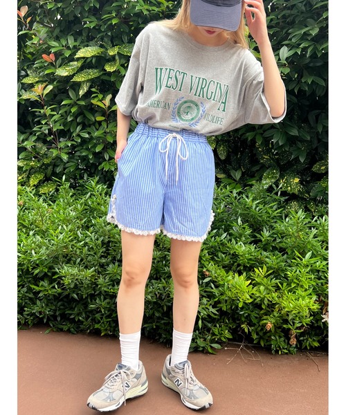 【気取らず大人カジュアル♪】HERMES ストライプ ショートパンツ セール】フリルレースストライプショーツ（その他パンツ）｜WC