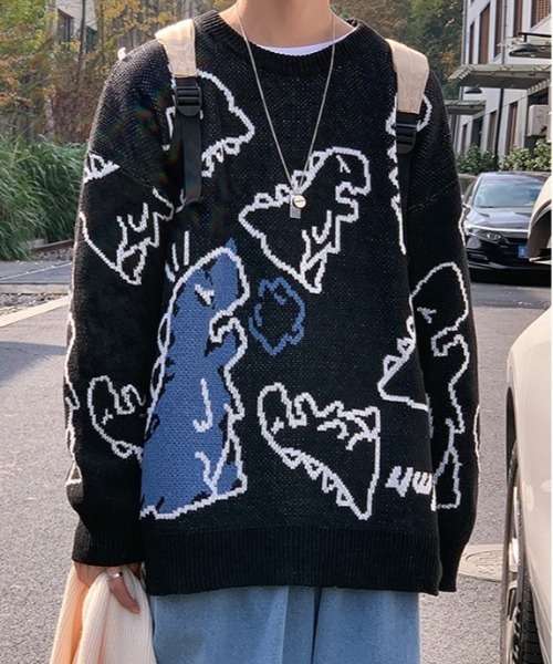 Burner（バーナー）の「【BURNER Recommend Select】手書き　恐竜柄　ニット oku-tops-642523837834-37　U（ニット/セーター・メンズ・グリーン/ホワイト/ブラック・L/X-LARGE/XX-LARGE）」の2枚目の写真