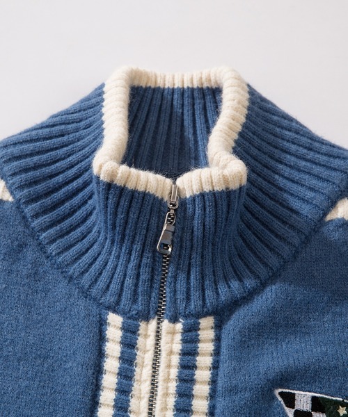 HOOK(フック)の「HOOK -original- ワッペン刺繍ボーダーリブレーシング風ダブルジップカーディガン ドライバーズニット(カーディガン/ボレロ・メンズ・ブラック/ブルー・M/L/XL)」の8枚目の写真