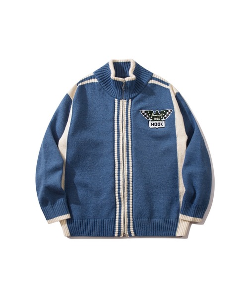 HOOK(フック)の「HOOK -original- ワッペン刺繍ボーダーリブレーシング風ダブルジップカーディガン ドライバーズニット(カーディガン/ボレロ・メンズ・ブラック/ブルー・M/L/XL)」の4枚目の写真