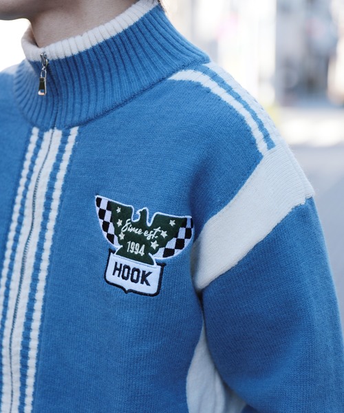 HOOK(フック)の「HOOK -original- ワッペン刺繍ボーダーリブレーシング風ダブルジップカーディガン ドライバーズニット(カーディガン/ボレロ・メンズ・ブラック/ブルー・M/L/XL)」の21枚目の写真