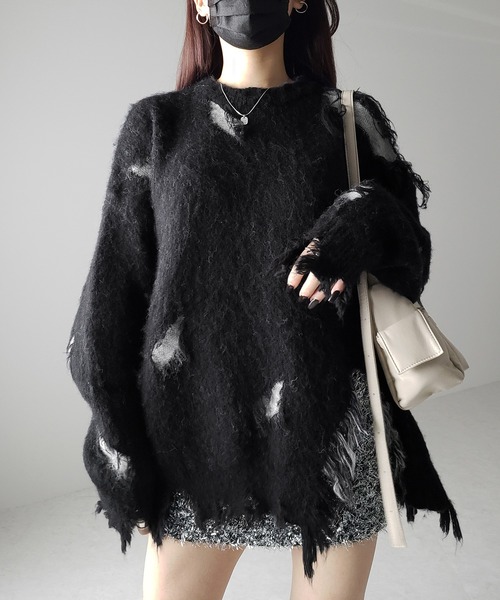 me+em select(ミームセレクト)の「※※モヘアライクダメージデザインボリュームニットプルオーバー(ニット/セーター・レディース・ブラック・FREE)」の9枚目の写真