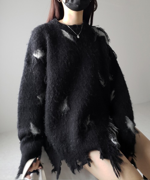 me+em select(ミームセレクト)の「※※モヘアライクダメージデザインボリュームニットプルオーバー(ニット/セーター・レディース・ブラック・FREE)」の8枚目の写真