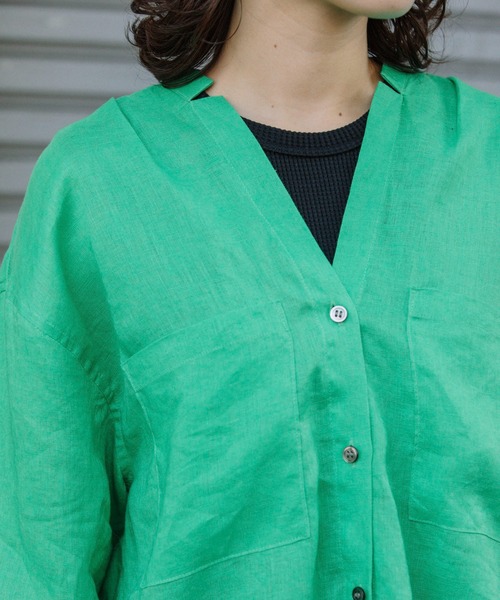 Munich（ミューニック）の「60sフレンチリネンキャンバスVネックシャツ（シャツ/ブラウス・レディース・グリーン/ホワイト/ブラック/アイボリー・FREE）」の12枚目の写真