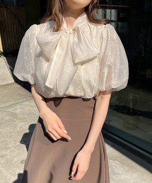 レース×オーガンジー重ねボウタイブラウス【WEB限定商品】