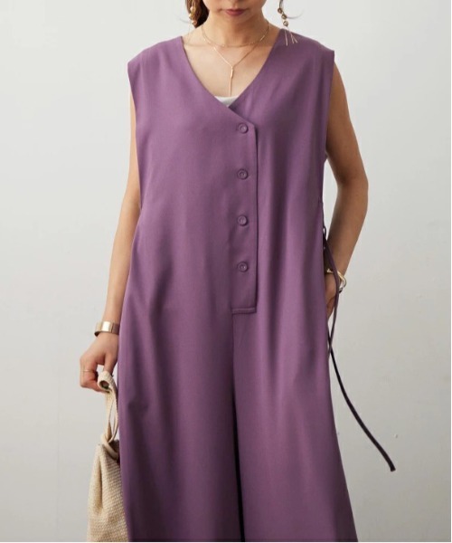 ストレッチ素材 ノースリーブ ワイドレッグオールインワン ノースリーブワイドオールインワン（つなぎ/オールインワン）｜No one