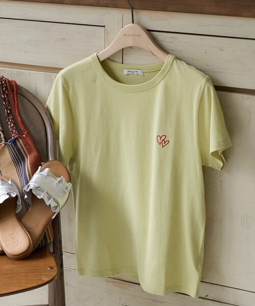 【国内配送】 セール】ダブルハート コンパクトTシャツ（T ワンポイント刺繍 トップス