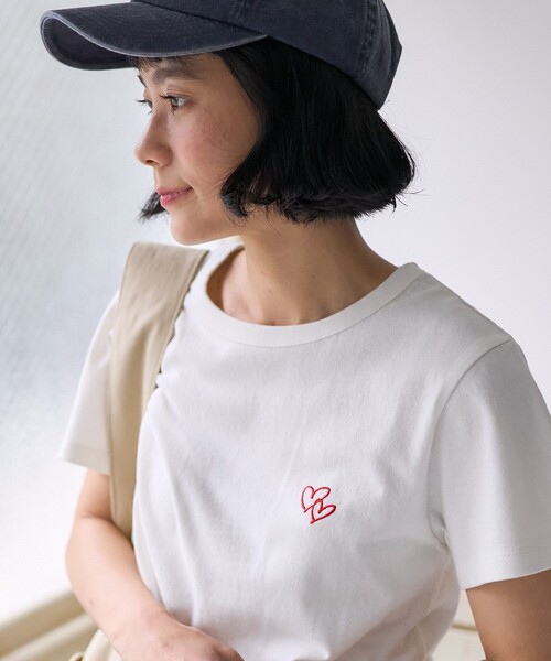 セール】ダブルハート ワンポイント刺繍 コンパクトTシャツ（T