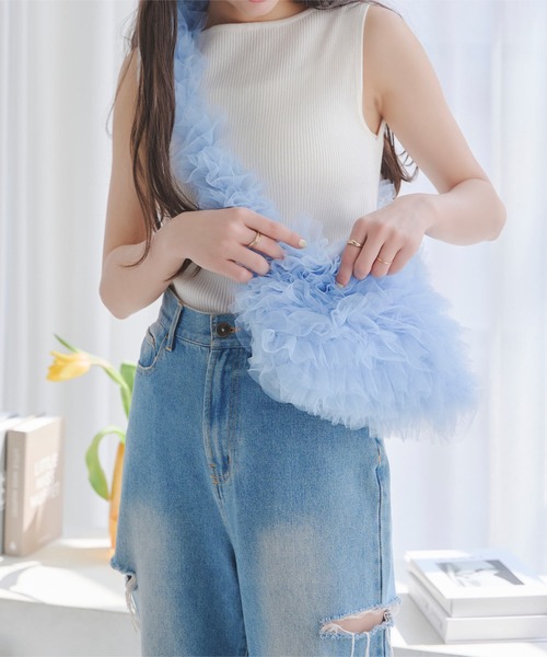 KOBE LETTUCE(コウベレタス)の「チュールフリルバッグ(ハンドバッグ・レディース・ライトブルー/ブラック/ホワイト・F)」の10枚目の写真