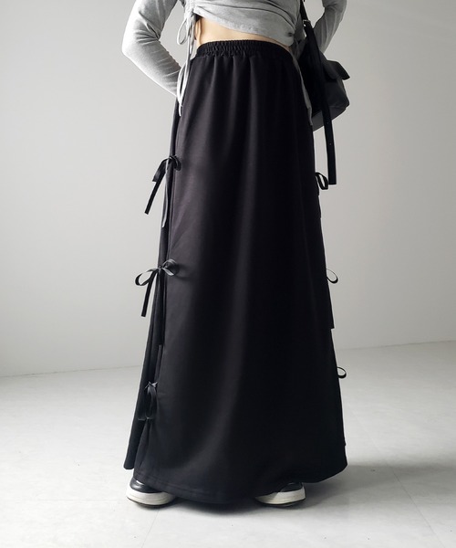 me+em select(ミームセレクト)の「【 2color 】3ストラップサイドリボンロングスウェットスカート/ three strap side ribbon long sweat skirt(スカート・レディース・グレー/ブラック・FREE)」の21枚目の写真