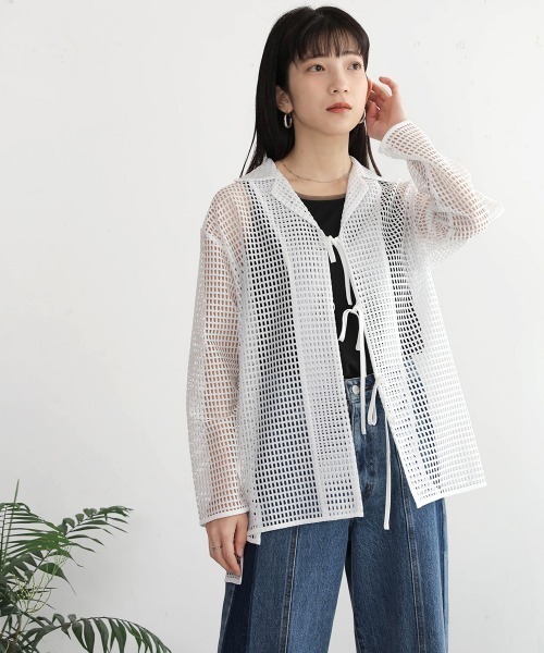 Bou Jeloud(ブージュルード)の「リボンメッシュシャツ(シャツ/ブラウス・レディース・オフホワイト/ブラック・38)」の4枚目の写真