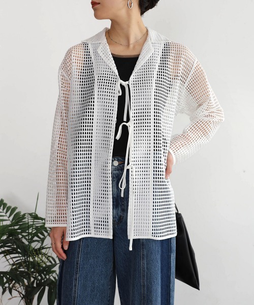 Bou Jeloud(ブージュルード)の「リボンメッシュシャツ(シャツ/ブラウス・レディース・オフホワイト/ブラック・38)」の7枚目の写真