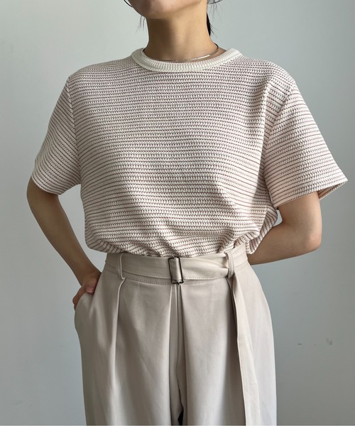 Amiur（エミレ）の「round neck border tops / ラウンドネックボーダートップス（Tシャツ/カットソー・レディース・ピンク/ブラック/アイボリー・FREE）」の3枚目の写真