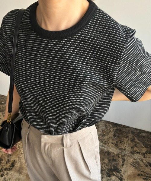 Amiur（エミレ）の「round neck border tops / ラウンドネックボーダートップス（Tシャツ/カットソー・レディース・ピンク/ブラック/アイボリー・FREE）」の2枚目の写真