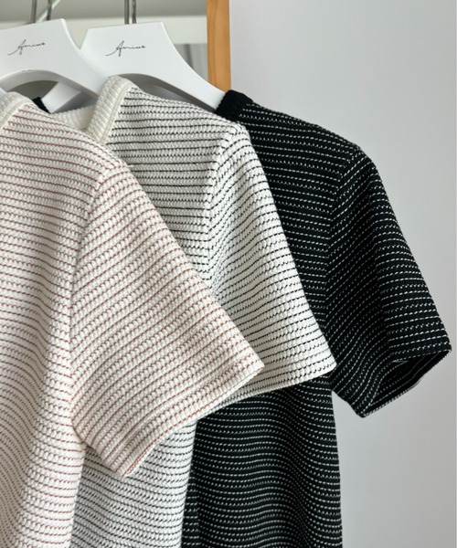 Amiur（エミレ）の「round neck border tops / ラウンドネックボーダートップス（Tシャツ/カットソー・レディース・ピンク/ブラック/アイボリー・FREE）」の4枚目の写真