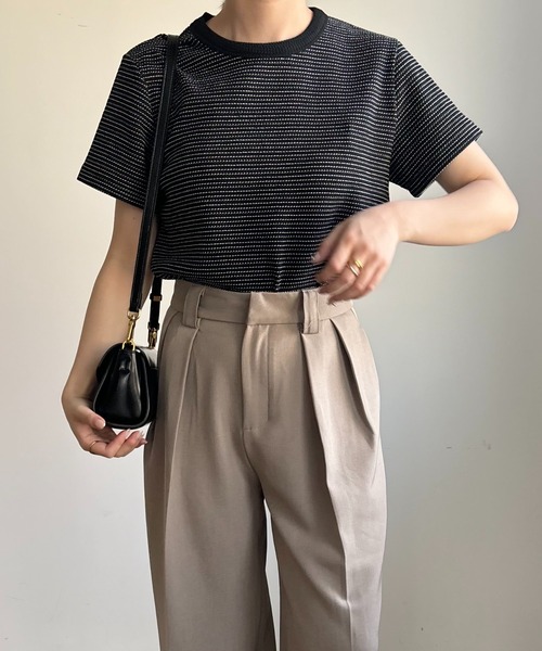 Amiur（エミレ）の「round neck border tops / ラウンドネックボーダートップス（Tシャツ/カットソー・レディース・ピンク/ブラック/アイボリー・FREE）」の5枚目の写真