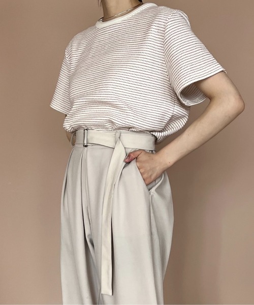 Amiur（エミレ）の「round neck border tops / ラウンドネックボーダートップス（Tシャツ/カットソー・レディース・ピンク/ブラック/アイボリー・FREE）」の11枚目の写真