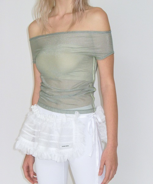 CRANK(クランク)の「A'GEM/9 × .kom 『CRANK/クランク』 MESH LINE OFF SHOULDER TOP/メッシュラインオフショルダートップス(Tシャツ/カットソー・レディース・カーキ/アイボリー/チャコールグレー・FREE)」の9枚目の写真