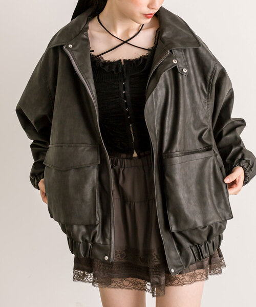 トレンドおすすめ♪ BIGポケットエコレザーブルゾン ブラック OLIVE des OLIVE（オリーブデオリーブ）の「【トレンドアウター