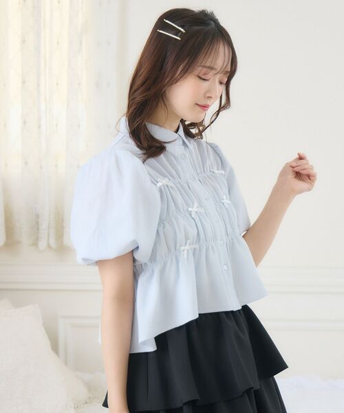 ems excite（エムズエキサイト）の「ポコポコリボンペプラムSH（シャツ/ブラウス・レディース・ブルー/ブラック/ホワイト・FREE）」の15枚目の写真