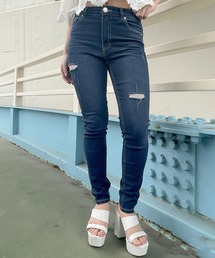 《サイドカット×美脚見え》レディース スキニーデニム パンツ ダメージ風 カジュアル 春夏秋冬