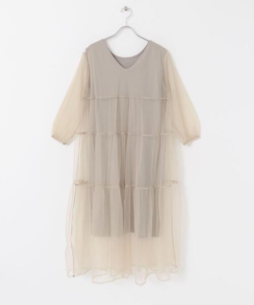 Torrazzo Donna(トラッゾドンナ)の「TORRAZZO DONNA ニット×オーガンジーリバーシブルワンピース(ワンピース・レディース・ベージュ・FREE)」の4枚目の写真