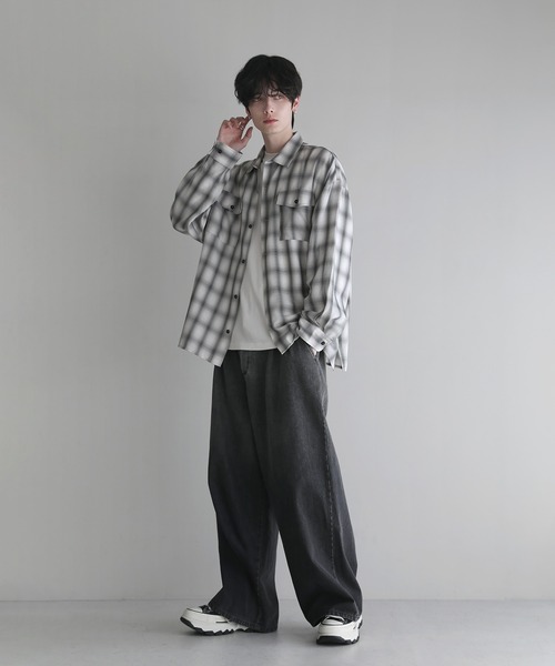 ETELIO（エテリオ）の「オンブレチェックワイドドレープレギュラーカラー長袖シャツ（シャツ/ブラウス・メンズ・ブルー/ブラック/サックスブルー・S/M/L）」の9枚目の写真