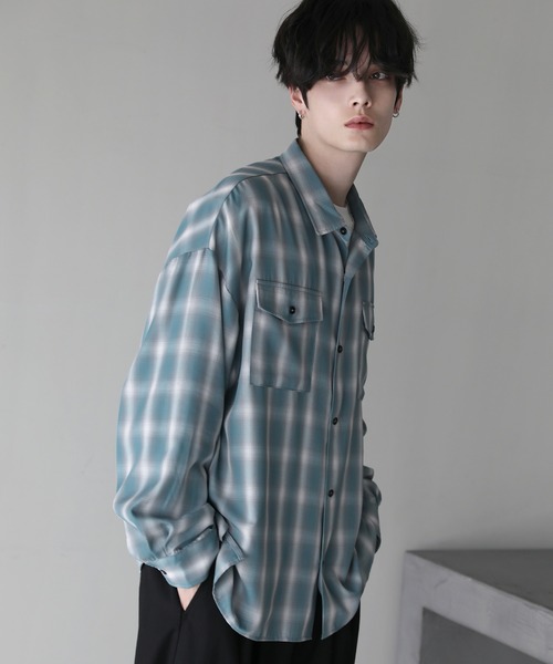 ETELIO（エテリオ）の「オンブレチェックワイドドレープレギュラーカラー長袖シャツ（シャツ/ブラウス・メンズ・ブルー/ブラック/サックスブルー・S/M/L）」の20枚目の写真