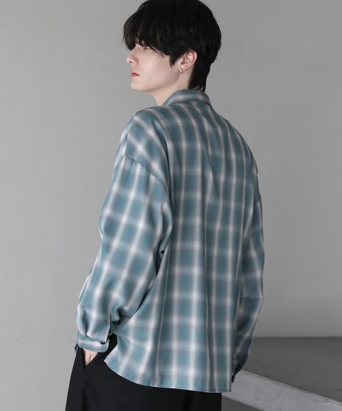 ETELIO（エテリオ）の「オンブレチェックワイドドレープレギュラーカラー長袖シャツ（シャツ/ブラウス・メンズ・ブルー/ブラック/サックスブルー・S/M/L）」の19枚目の写真