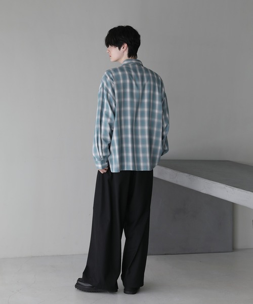 ETELIO（エテリオ）の「オンブレチェックワイドドレープレギュラーカラー長袖シャツ（シャツ/ブラウス・メンズ・ブルー/ブラック/サックスブルー・S/M/L）」の15枚目の写真