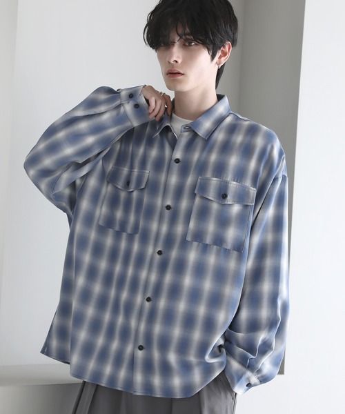 ETELIO（エテリオ）の「オンブレチェックワイドドレープレギュラーカラー長袖シャツ（シャツ/ブラウス・メンズ・ブルー/ブラック/サックスブルー・S/M/L）」の12枚目の写真