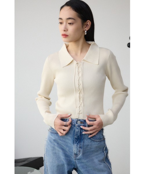 AZUL by moussy(アズールバイマウジー)の「レースアップポロカラーニット(ニット/セーター・レディース・ピンク/アイボリー/ライム/ブルー/ブラック・FREE)」の20枚目の写真