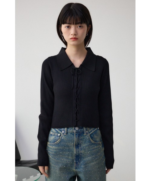 AZUL by moussy(アズールバイマウジー)の「レースアップポロカラーニット(ニット/セーター・レディース・ピンク/アイボリー/ライム/ブルー/ブラック・FREE)」の9枚目の写真