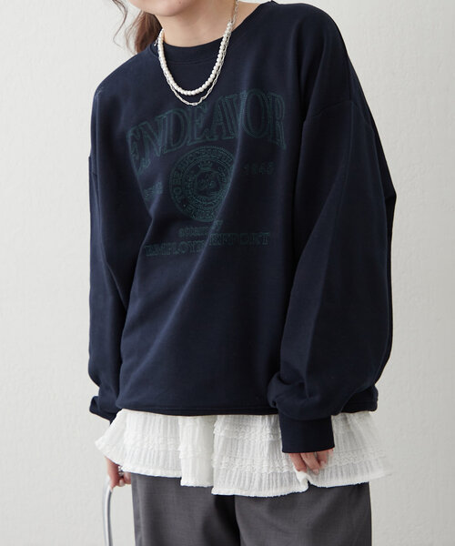 continuer de NICE CLAUP(コンティニューデナイスクラップ)の「白抜き刺繍スウェット(スウェット・レディース・ネイビー/グレー/ピンク/オートミール・FREE)」の3枚目の写真
