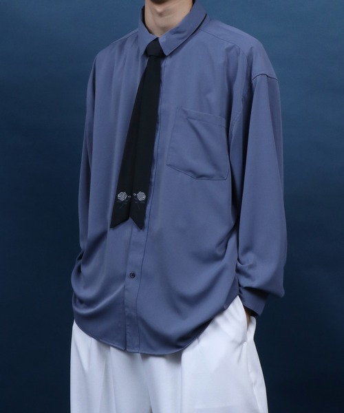 ANPAS（アンパス）の「Allover Pattern/Rose Embroidery Oversized Shirt With Tie/総柄＆薔薇刺繍 ネクタイ付き シャツ 韓国ストリート メンズ レディース（シャツ/ブラウス・メンズ・ブルー/ホワイト/ホワイト系その他/ブラック系その他/ホワイト系その他2/ブルー系その他・M/L）」の5枚目の写真