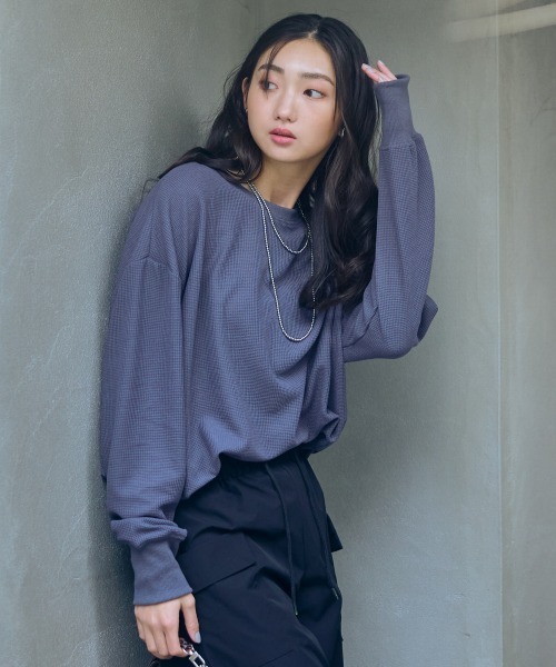 slattgir（スラットジール）の「高身長　ワッフルプルオーバー（トールサイズ）Essenave（Tシャツ/カットソー・レディース・チャコール/ライトグレー・M/L/LL/3L/4L/5L）」の2枚目の写真