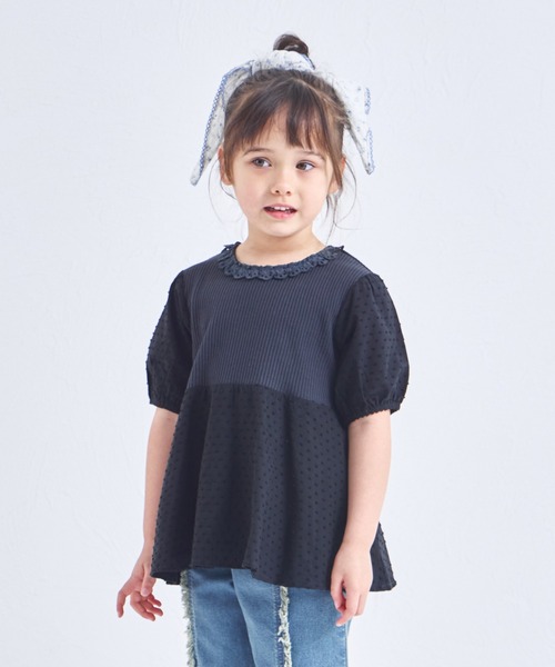 pairmanon(ペアマノン)の「【ふんわりワッフル】レース付き パフ袖ブラウス(シャツ/ブラウス・キッズ・アイボリー/ブラック/ライトブルー・150/110/100/120/140/130/90)」の3枚目の写真