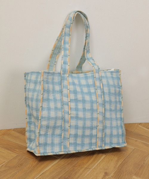 セール】インド キルティング チェック柄 プリントトートバッグ