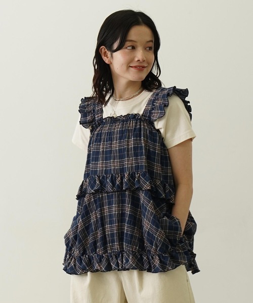 MILKFED.(ミルクフェド)の「PLAID TIERED TOP(Tシャツ/カットソー・レディース・グリーン/オフホワイト/ネイビー・ONE SIZE)」の1枚目の写真