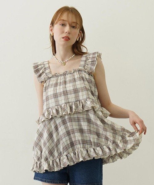 MILKFED.(ミルクフェド)の「PLAID TIERED TOP(Tシャツ/カットソー・レディース・グリーン/オフホワイト/ネイビー・ONE SIZE)」の4枚目の写真