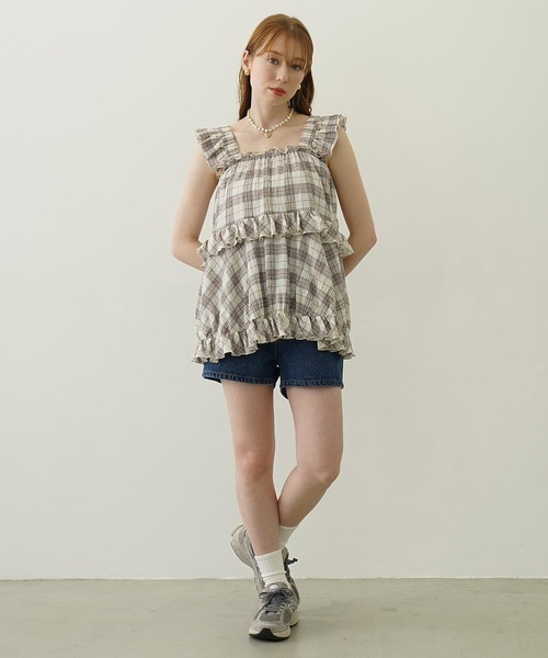MILKFED.(ミルクフェド)の「PLAID TIERED TOP(Tシャツ/カットソー・レディース・グリーン/オフホワイト/ネイビー・ONE SIZE)」の10枚目の写真