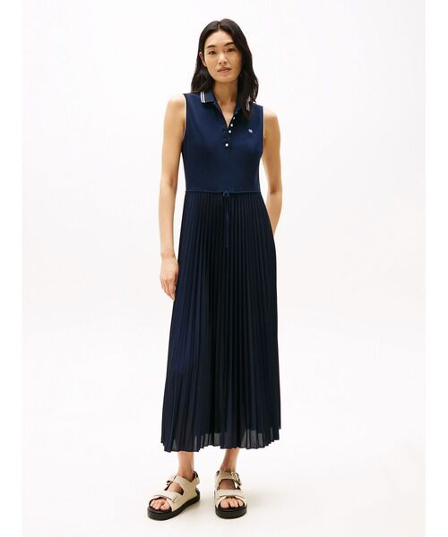 【 】ノースリーブ リブ ポロ ミディ ワンピース 2点でさらに10％OFF】ピケノースリーブマキシポロワンピース