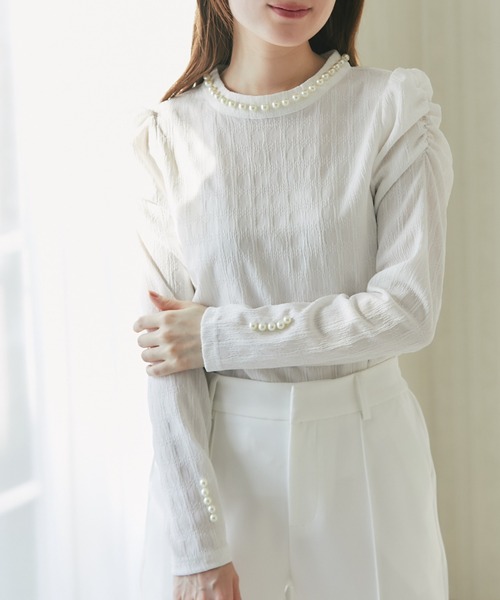 koko＊ハグオーワー　カットソー パール付きパワーショルダーカットソープルオーバー（Tシャツ