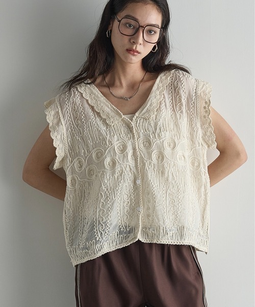 248t*美品 ヌキテパ コットン 2way フレンチスリーブ レースブラウス 248t*美品 ヌキテパ コットン 2way フレンチスリーブ レース