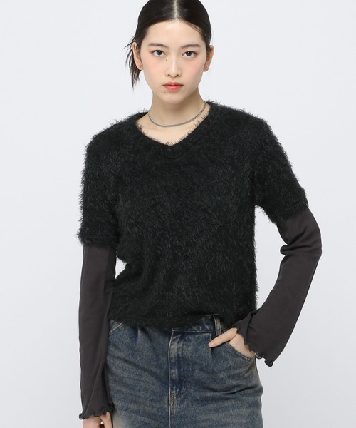 3.3 Field Trip (3.3フィールドトリップ)の「3.3Field Trip/フェザーVネック半袖(Tシャツ/カットソー・レディース・イエロー/ピンク/ブラック・FREE)」の1枚目の写真