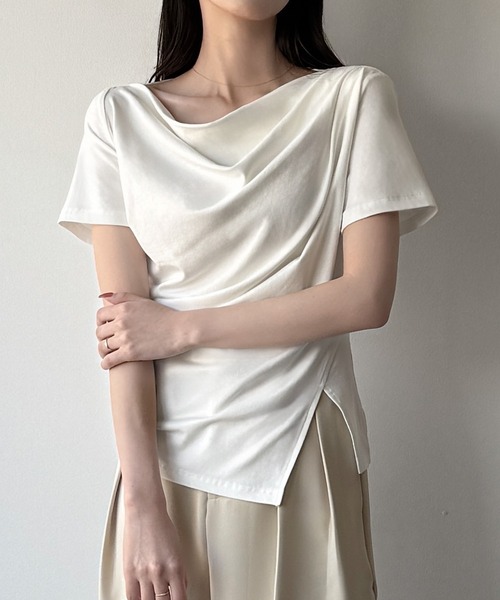 mipiarl（ミピアール）の「(薄手)裾デザインドレープカットソー（Tシャツ/カットソー・レディース・ブラック/ピンクベージュ/ホワイト/杢グレー/チャコール・SMALL/MEDIUM/LARGE/X-LARGE）」の9枚目の写真