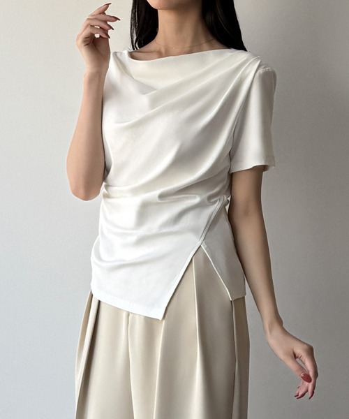 mipiarl（ミピアール）の「(薄手)裾デザインドレープカットソー（Tシャツ/カットソー・レディース・ブラック/ピンクベージュ/ホワイト/杢グレー/チャコール・SMALL/MEDIUM/LARGE/X-LARGE）」の10枚目の写真