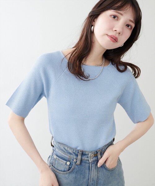 natural couture(ナチュラルクチュール)の「【WEB限定】スクエアネックリブ半袖ニット(ニット/セーター・レディース・ピンク/イエロー/サックスブルー/ブラック/オフホワイト・FREE)」の4枚目の写真